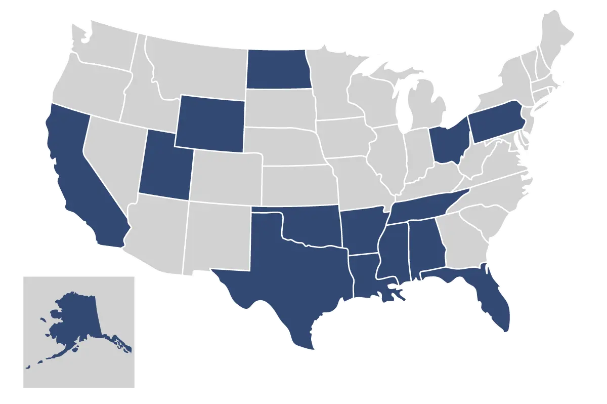 LSS Services Areas: USA Map Highlights (Alabama, Arkansas, Mississippi, Ohio, Pennsylvania, North Dakota, Oklahoma, Texas, Louisiana, California, Alaska, Utah, Wyoming, Gulf of Mexico, Tennessee, Florida)