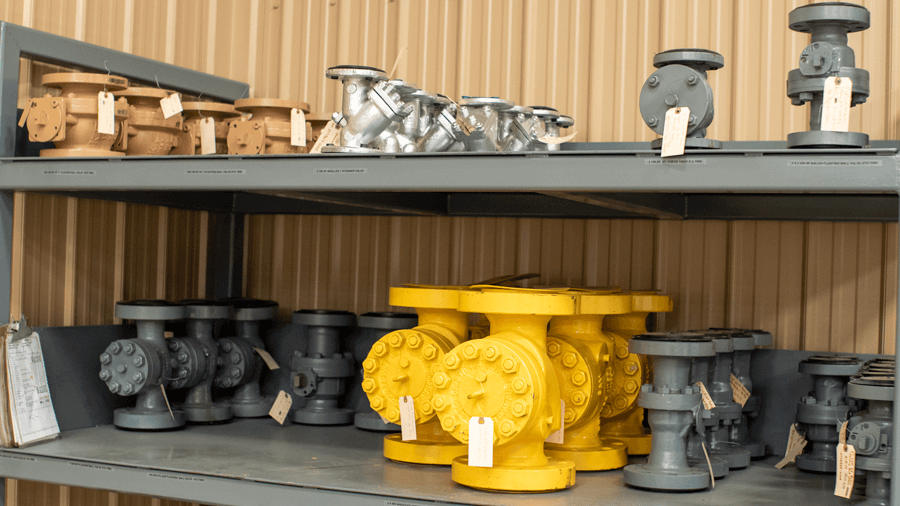 Valve Inventory industrial valves stocked on shelves